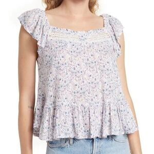 Lucky Brand Phoebe Crochet Trim Top L Flutter Sleeves White & Lilac Floral NEW